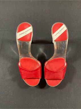 Charles Jourdan Red Clear Strap Slide Heels